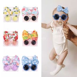 Baby Girls Elastic Headband Bow Knot Hair Bands Toddlers 2Pcs/Set Round Sunglasses Summer Boho Cute Lovely Colorful Flower Fruit Outdoor Beach Accessories
