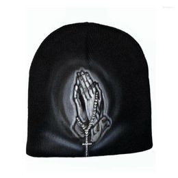 Berets Kpop Two-handed Rhinestone Print Knit Beanies Hat Men Women Quality Cap Y2k Warm Aesthetic Fashion Grunge Gothic Cold Ski