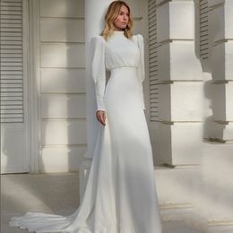 Urban Sexy Dresses Modern High Neck White Chiffon Wedding Dress For Women Long Lantern Sleeve Pleats Elegant Sheath Bride Gown Button Sweep Train 230828