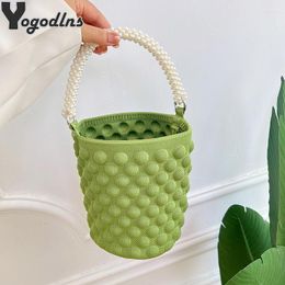 Beach Crochet Small Handbag For Girls Summer Hand Woven Bucket Bag Women's Pearl Handle Bubble Design Phone Purse
