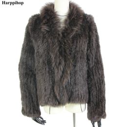 Womens Fur Faux Harppihop rabbit fur Genuine Knitted coat for Women Raccoon collar Jacket Trench Outwear fashion street party jacketC918 230828
