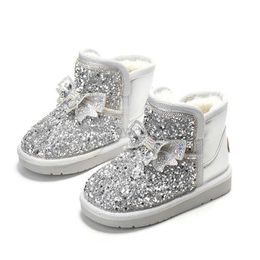 Boots Bibihou Girls Snow Boots Warm Shining Rhinestone Bow Cotton Shoes Kids Sweet Winter Boots All-Match 1-16 Years Princess Shoes L0828