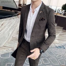 Men Boutique Plaid Suits Jackets+Pants Sets Slim Fit Casual Business Suits Groom Wedding Dress Tuxedo Male Formal wear Suits 5XL Q230828