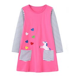 Girl s Dresses Jumping Metres 4 8T Unicorn Embroidery Children s Princess Girls Pockets Animals Long Sleeve Autumn Kids Birthday Dress 230828