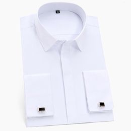 Men's Dress Shirts Men's Classic French Cuffs Solid Dress Shirt Covered Placket Formal Business Standard-fit Long Sleeve Office Work White Shirts 230828