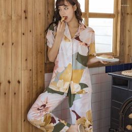 Women's Sleepwear Flower Printed Home Clothes 2023 Summer Thin Pyjama Set Short Sleeve T-shirt And Shorts FG138