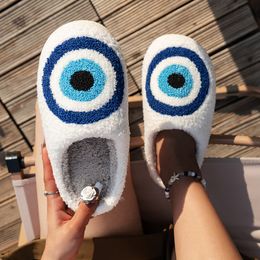 Slippers YvvCvv Cartoon Blue Eye Fluffy Fur Slippers Women Warm Closed Toe Cute Plush Cotton Slippers Home Soft Winter Indoor Shoes 230829