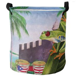 Laundry Bags Watercolor Tropical Plant Puerto Rico Flag Frog Dirty Basket Home Organizer Clothing Kids Toy Storage