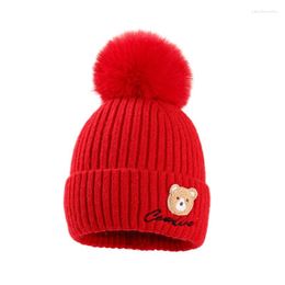 Berets Kids Winter Knitted Warm Wool Hat Cute Cartoon Bear Embroidery Solid Thicken Beanies For Boys Girls 2-7 Years Old