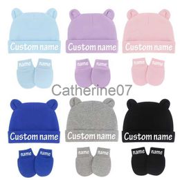 Stingy Brim Hats Custom Name Newborn Baby Beanies Cute Baby Hat Mittens With Ears Cotton Stretchy Boys Girls Warm Cap Gloves Baby Shower Gifts J230829