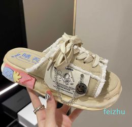 Shoes Female Fashion Design Summer Graffiti Platform Mules Flip Flops Street Comfortable Flat Casual Shoe