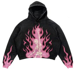 WoEuropean and American trendy brand original personality flame skull print retro high street loose long-sleeved couple hooded top 230828