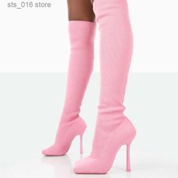 Diz yüksek örgü kafa kare pembe ayak parmağı elastik stiletto topuk kayması botlar üzerinde kadın kış ayakkabıları parti elbisesi seksi özlü t230829 315