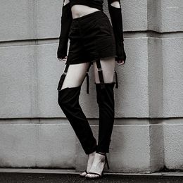 Women's Pants JIEZuoFang 2023 Punk Gothic Girls Black Cargo Buckle Strap Link Cut Out Female Long Dark Fashion Women Trousers
