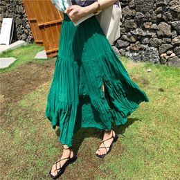 Skirts 2023 Summer Long Skirt Women Korean Fashion Versatile Elastic Waist Chic Cake A-Line Female Split Beach