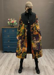 Women's Trench Coats Winter Vintage Cotton Linen Printing Splice Padded Coat Loose Large Size Warm Mid Length Quilted Jacket T1198