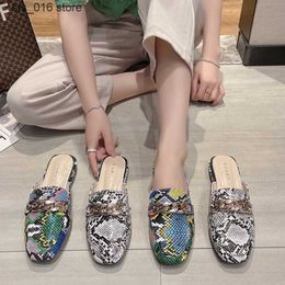 Summer Baotou Women New Half Sexy Snake Pattern Square Low Heels Shoes Female Casual Metal Decoration Mules Slippers T23 ade7