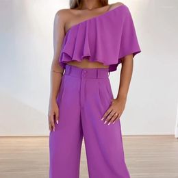 Women's Two Piece Pants Set Women Outfit One Shoulder Ruffle Top High Waist Wide Leg Pant Female 2023 Summer Clothes Office Lady Outfits