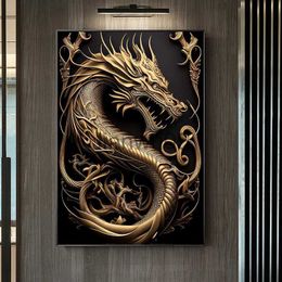 Metal Painting Canvas Wall Art Painting The Mighty Gold Dragon Canvas Posters and Prints Pictures for Modern Living Room Decoration Painting x0829