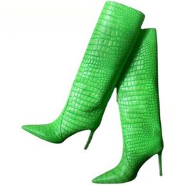 Fluorescent Green Stone High Tube Boat Women's Autumn alligator boots - Ultra-High Heel, Sexy and Stylish (Style #230821)