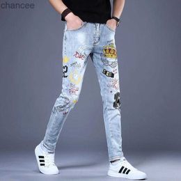 Korea Version Mens Noble Blue Jeans High Quality Slim Stretch Jeans Light Luxury Print Jeans Stylish Sexy Street Jeans; HKD230829