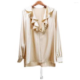 Women's Blouses Top End Women Sexy Real Silk Lace Up Deep V-neck Ruffle Pullover Blouse Lady Elegant All Match Long Sleeve Tops Shirt