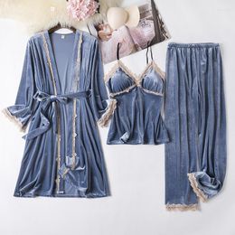 Women's Sleepwear V-neck Velour Robe Sets Sexy Warm Pyjamas Suits 3PCS Lace Patchwork Nightwear Cardigan Bathrobe Pijamas Strap Nighty