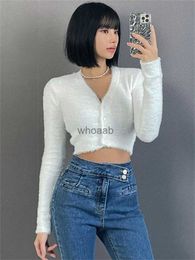Akaily Autumn Pink Bodycon Fashion Cardigan Streetwear Casual For Women 2023 Blue Long Sleeve Crop Top New Button Cardigan HKD230829