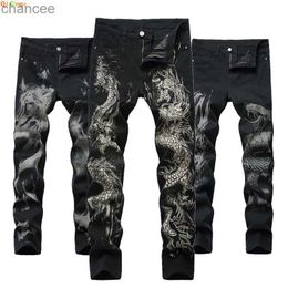 New Men's Chinese Trendy Dragon Black Skinny Jeans Stretch Comfortable Fashion Hip-hop Men Denim Pants Streetwear Print Trousers HKD230829