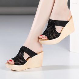 Slippers Small Size 32-43 Rhinestone Cutout Platform Wedges Shoes Women 2023 Summer High Heels Slides For Office Model Beach
