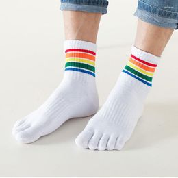 Men's Socks 5 Pairs Autumn Winter Thick Cotton With Toes Rainbow Striped Happy Sock For Men Women Couple Lgbt Clothes Street Fashions