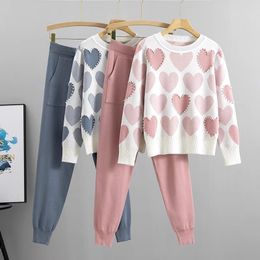 Women's Tracksuits Fall Winter Fashion Sweet Love Print Beading Pullover Sweater Double Pocket Lace Up Trousers Suits Knit Two-piece Sets