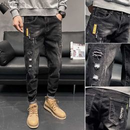 Tapered Trousers Broken Black with Holes Men's Jeans Ripped Torn Man Cowboy Pants Summer Cotton Punk Wide Leg Luxury Aesthetic S HKD230829