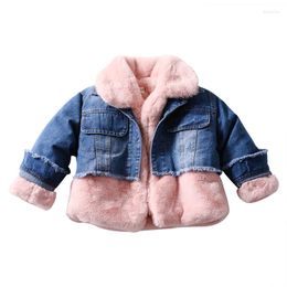 Down Coat Wholesale Baby Girls Fur Dneim Jackets Children Winter Warm Velvet Coats Toddler Outerwear Kids Tops Modis Ws1248