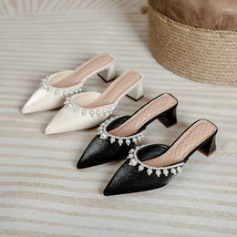 Slippers Women's Fashion Leather Pointy Toe Diamante Kitten Heel Slip On Mules Shoes EOOS