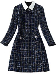 Basic Casual Dresses Autumn Winter Tweed Dress For Women Fashion Navy Blue Plaid Bow Tie Long Sleeve Diamonds Button Vintage Woollen Short Dress 230828