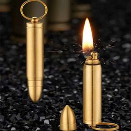 2022 New Pure Copper Kerosene Lighter Bullet Keychain Grinding Wheel Portable Outdoor Waterproof Men's Gadget LKMI