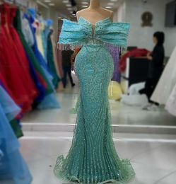 2023 Aso Ebi Arabic Hunter Blue Mermaid Prom Dress Crystals Sequined Lace Evening Formal Party Second Reception Birthday Engagement Gowns Dresses Robe De Soiree ZJ7