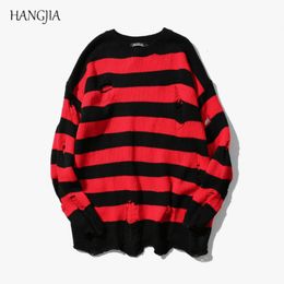 Men's Sweaters Black Red Striped Washed Destroyed Ripped Sweater Men Hole Knit Jumpers Women Oversized Harajuku 230828