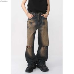 2023 Summer Men's Metal Button Hole Jeans Fashion Trend Casual Pants Loose New Retro Streetwear Blue Colour Trousers S-XL HKD230829