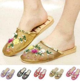 Slippers Women Chinese Mesh Floral Slides Slip On Flats Flip Flop Loafers Mules