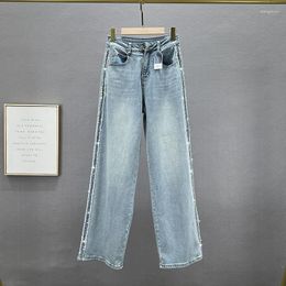Women's Jeans Denim Wide-Leg Pants 2023 Spring High Waist Loose Rhinestone Mop Trousers Ladies Washed Jean Woman