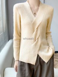 Women New Fashion Female Spring Autumn 100% Pure Merino Wool Twisted V-Neck Pullover Cashmere Sweater Hollow Out Clothing Top HKD230829