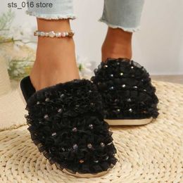 New Pleated Women Decor Design Thick Bottom Pearl Winter Leopard Luxurious Indoor Baotou Cotton Home Slippers T230828 500