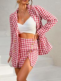 Two Piece Dress Houndstooth Skirt Suits Women 2023 Autumn Winter Long Sleeve Double Breasted Blazer Coats Irregular Button Slit Leg Skirts