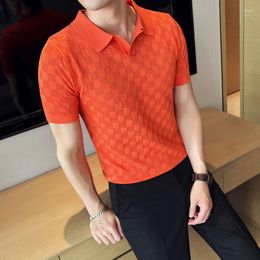 Men's Polos Men Polo Shirt 2023 Summer Thin Ice Silk Elastic Casual Slim Fit Knitted Short Sleeve Shirts British Style Clothing