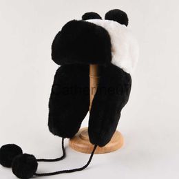 Stingy Brim Hats Panda Hat Winter Lei Feng Hat Men's Warm Black And White Plush Thickened Ear Protection Outdoor Women's Cute Ski Hat Tide D31 J230829