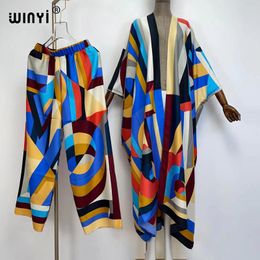 Shorts Winyi Twopiece Suit Kimono Straight Leg Pants Bohemian Printed Over Size Dress Women Elastic Silk Floor Length New Kaftan