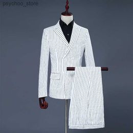Men's White and Black Stripe Groom Dresses Performing Suits Double Breasted Smart Casual Men Suit Slim Fit White Regular Blazers Q230828