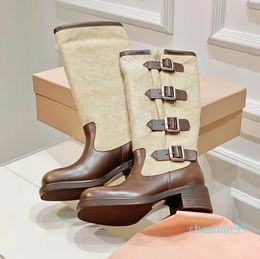 Top Buckle Knee Boots Round toe pumps heels for girls women luxury designer Fashion ins Booties Suede leather sole shoes